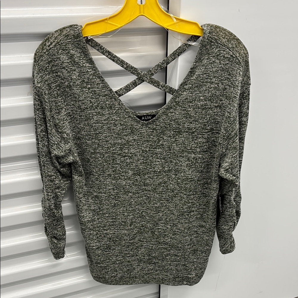 NWT A.U.W AUW Olive Knit V-Neck Top Criss Cross Back 3/4 Ruching Sleeves S